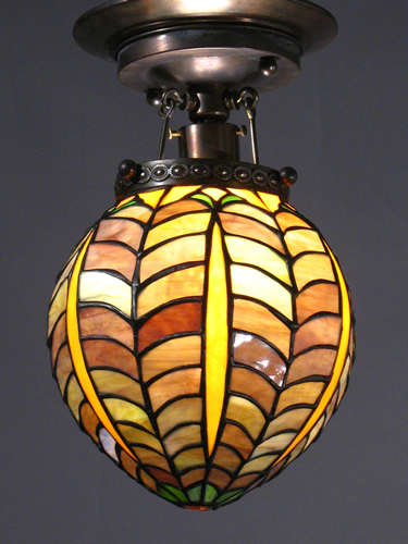 Mid-Century Leaded Glass Flush Fixtures with Spider Web Design