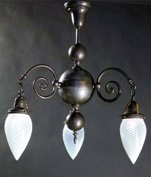 3-Light Electric Chandelier with Blue Opalescent Swirl Tear Drop Shades