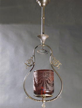 Gas Harp with  Deep  Acid Etched Cutback Cranberry Cylinder Shade
