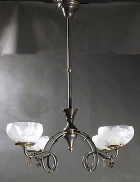 Large 4-Light Art Nouveau Gas Chandelier w/Serpentine Arms