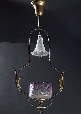 Rococo Gas Harp with Ruby Deep Etched and Cut Glass Gas Shade