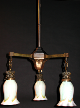 Arts and Crafts 3-Light Electric Chandelier with Pulled Feather Lustre Art Shades