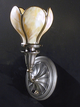 Pair of Arts and Crafts Sconces with Panelled Back Slag Glass Shades