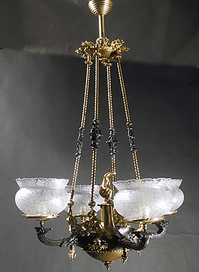 Pair of 4-Light Rococo Revival Rod Hung Gas Chandeliers