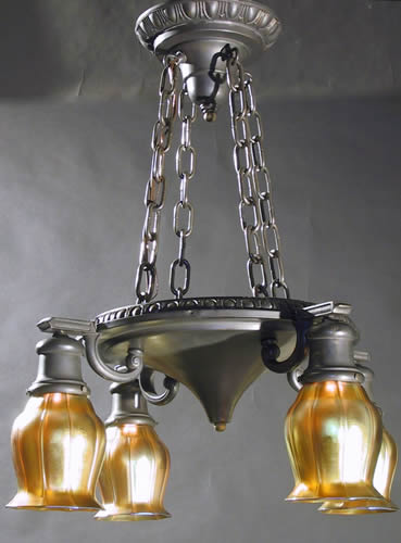 4-Light Art Nouveau Chandelier with Quezal Shades