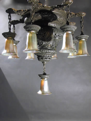 Huge Bronze 9-Light Arts and Crafts Flush Chandelier