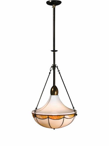 Pair of Leaded Glass Inverted Dome Pendants with Swag Design