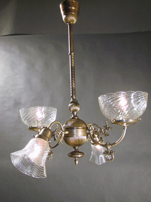 2 & 2 Gas and Electric Chandelier w/ Clear Swirl Shades