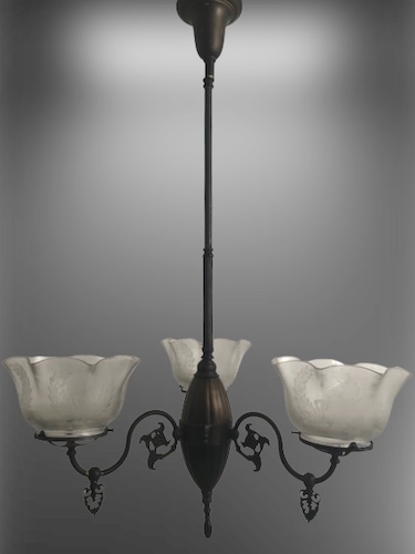 Pair of 3-Arm Gas Chandeliers with Deep Etch Shades