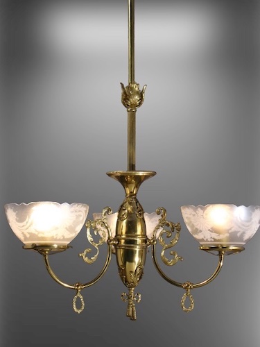 3-Light Gas Chandelier with Deep Etched Shades