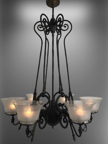 Greek Key Shades with this Antique Pair of 6-light Gas Chandeliers, Circa 1895