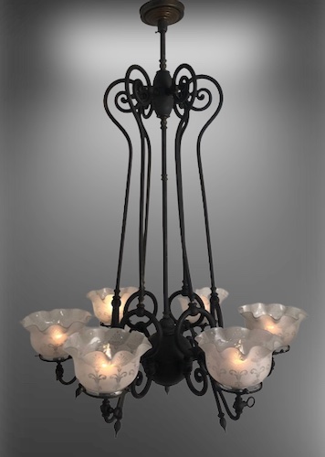 Pair 6-light Gas Chandelier Art Nouveau Shades.