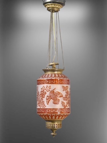 Drop Down Oil Fixture with Cranberry Bird and Vine Details