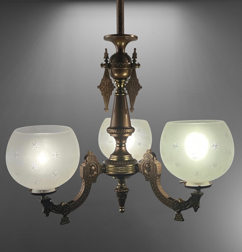 Cornelius and Sons Eastlake Aesthetic 3 Arm Gas with Cut Glass Star Shades