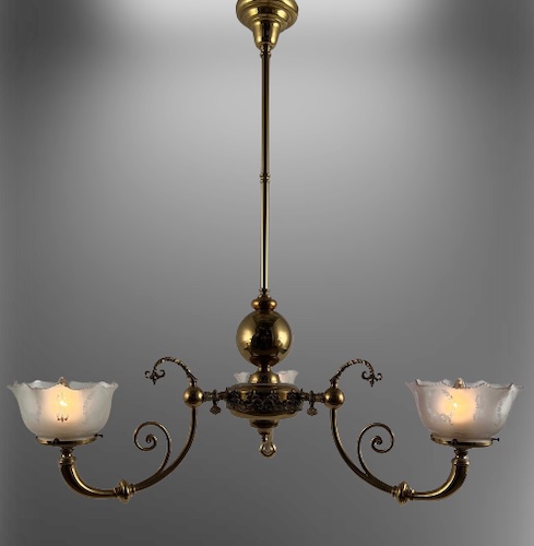 3-arm Gas Chandelier w/ Lovely Cast Brass Arms & Shades