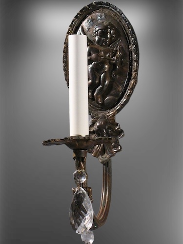 Pair of Single Cherub Sconces w/Crystals