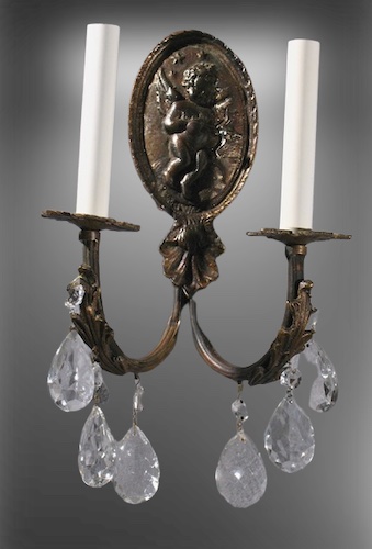 Pair of Double Cherub Sconces w/Crystals