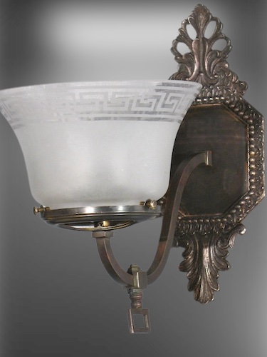 Pair of Gas Sconces w/Greek Key Gas Shades