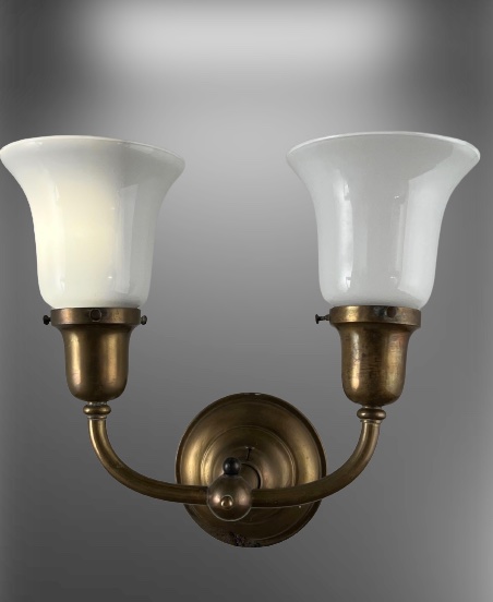 Pair of Double Arm Opal Glass Wall Light Sconces