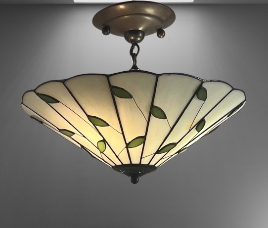 Leaded Glass Green Petals and White Fan Shaped Flush Light