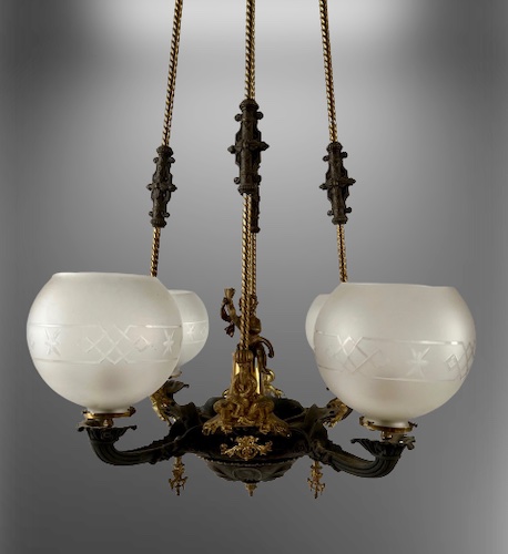 Rococo Revival Starr Fellows & Company Rod Hung Gas Chandelier