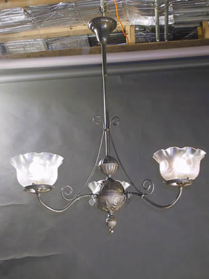 3-arm East lake Gas Chandelier with Curly cues