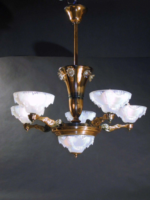 6-light French Art Deco Chandelier with Opalescent Shades