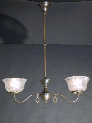 2-Arm Gas Chandelier with Medallion & Foliate Detail Gas Shades