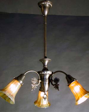 Art Nouveau Electric Chandelier with Quezal Shades