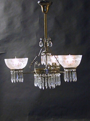 3-Light Eastlake Gas Chandelier with prisms