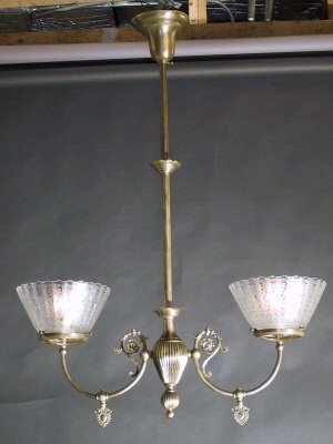2-arm Gas Chandelier with Antique Transfer Etched Finger Shades